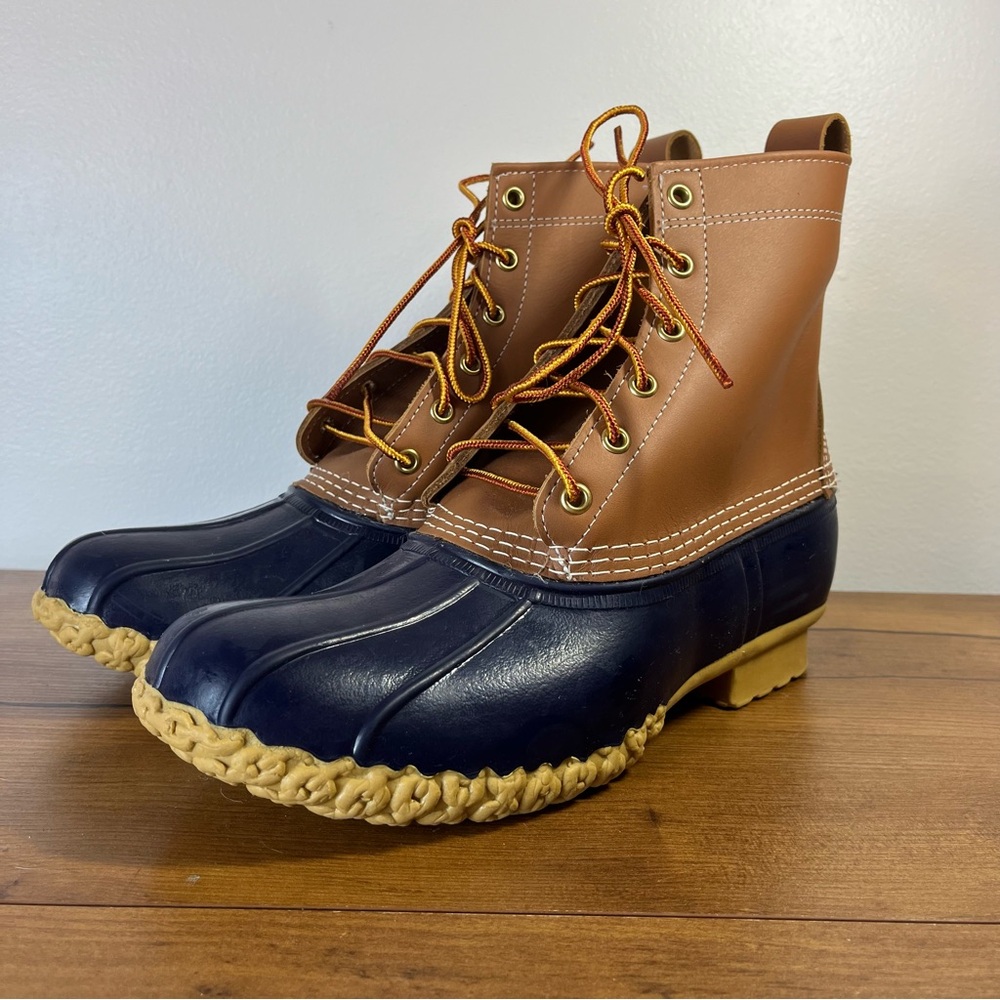 L.L. Bean Womens Brown Leather Navy Lace-up Unlined Duck Boots Size 11 M
